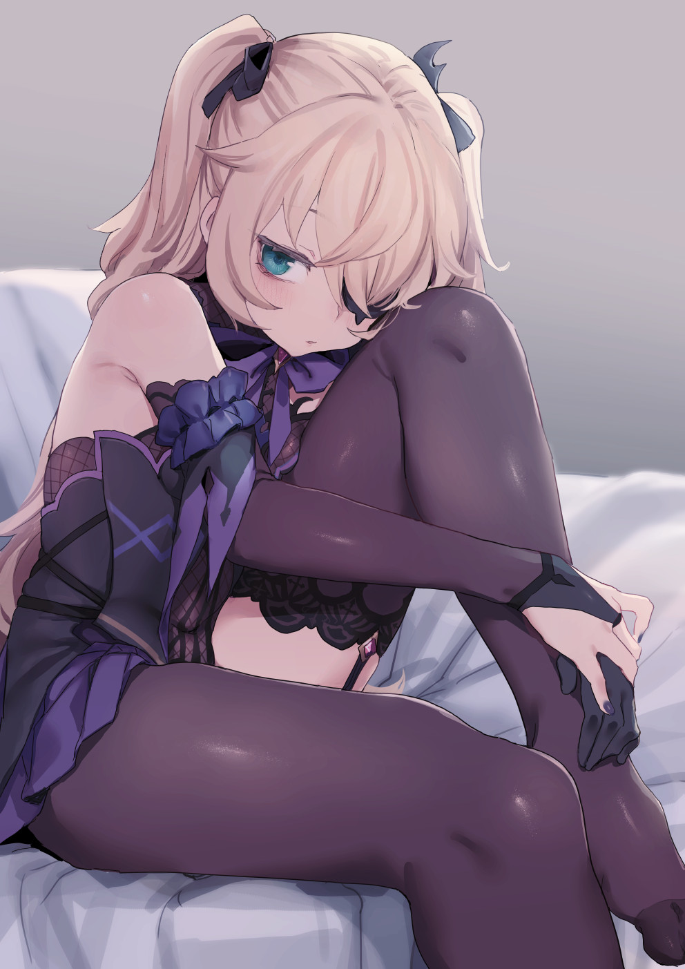 1girl bare_shoulders bee_(deadflow) black_legwear blonde_hair blush bow breasts dress eyepatch fischl_(genshin_impact) garter_straps genshin_impact gloves green_eyes hair_over_one_eye hair_ribbon highres long_hair looking_at_viewer ribbon single_thighhigh small_breasts solo thigh-highs two_side_up