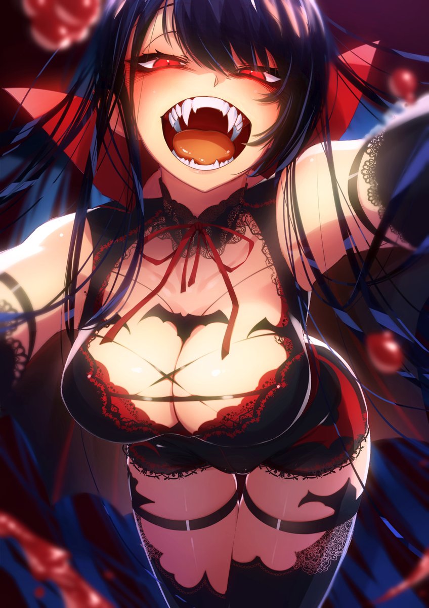 1girl :d arm_strap bangs bat bat_wings black_choker black_hair blood blush breasts brown_hair cape choker cluseller dress fangs gloves halloween highres lace lace-trimmed_dress lace-trimmed_legwear lace_choker lace_trim large_breasts long_hair looking_at_viewer neck_ribbon open_mouth original pointy_ears reaching_out red_eyes ribbon slit_pupils smile solo thigh-highs thigh_strap thighs tongue vampire vampire_costume wings