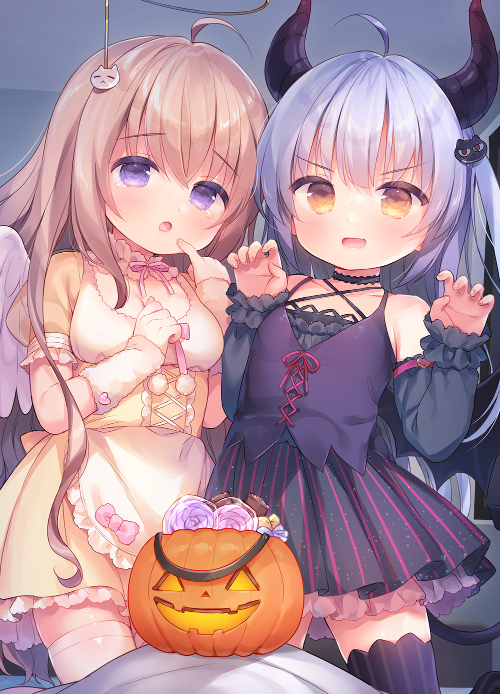 2girls :o ahoge angel_wings animal_ears apron bangs bare_shoulders black_dress black_legwear black_tail black_wings bow breasts brown_hair candy candy_wrapper cat_hair_ornament commentary_request demon_horns demon_tail demon_wings detached_sleeves dress eyebrows_visible_through_hair food food_themed_hair_ornament frilled_apron frilled_dress frilled_sleeves frills grey_hair hair_between_eyes hair_ornament halloween halloween_basket halloween_costume hand_on_own_cheek hand_on_own_chest hands_up highres horns long_hair long_sleeves looking_at_viewer multiple_girls open_mouth original paw_pose pink_bow pink_ribbon pumpkin ribbon short_sleeves small_breasts solo tail thigh-highs thighs usashiro_mani violet_eyes white_legwear wings zettai_ryouiki