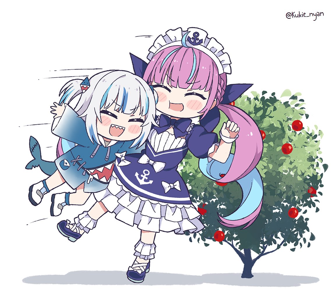 2girls :d ahoge animal_costume aqua_hair artist_name bangs blue_dress blue_footwear blue_hair blunt_bangs blush bow braid bush chibi closed_eyes colored_inner_hair commentary dress drill_hair fish_tail french_braid frilled_dress frills gawr_gura hair_ornament hololive hololive_english jumping kukie-nyan long_hair long_sleeves maid maid_headdress mary_janes medium_hair minato_aqua multicolored_hair multiple_girls open_mouth puffy_short_sleeves puffy_sleeves pushing shark_costume shark_girl shark_hair_ornament shark_print shark_tail sharp_teeth shoe_bow shoes short_sleeves sidelocks simple_background sleeves_past_wrists smile sneakers speed_lines streaked_hair tail teeth tied_hair twin_drills twitter_username two-tone_hair two_side_up virtual_youtuber white_background white_footwear white_hair wide_sleeves wrist_cuffs