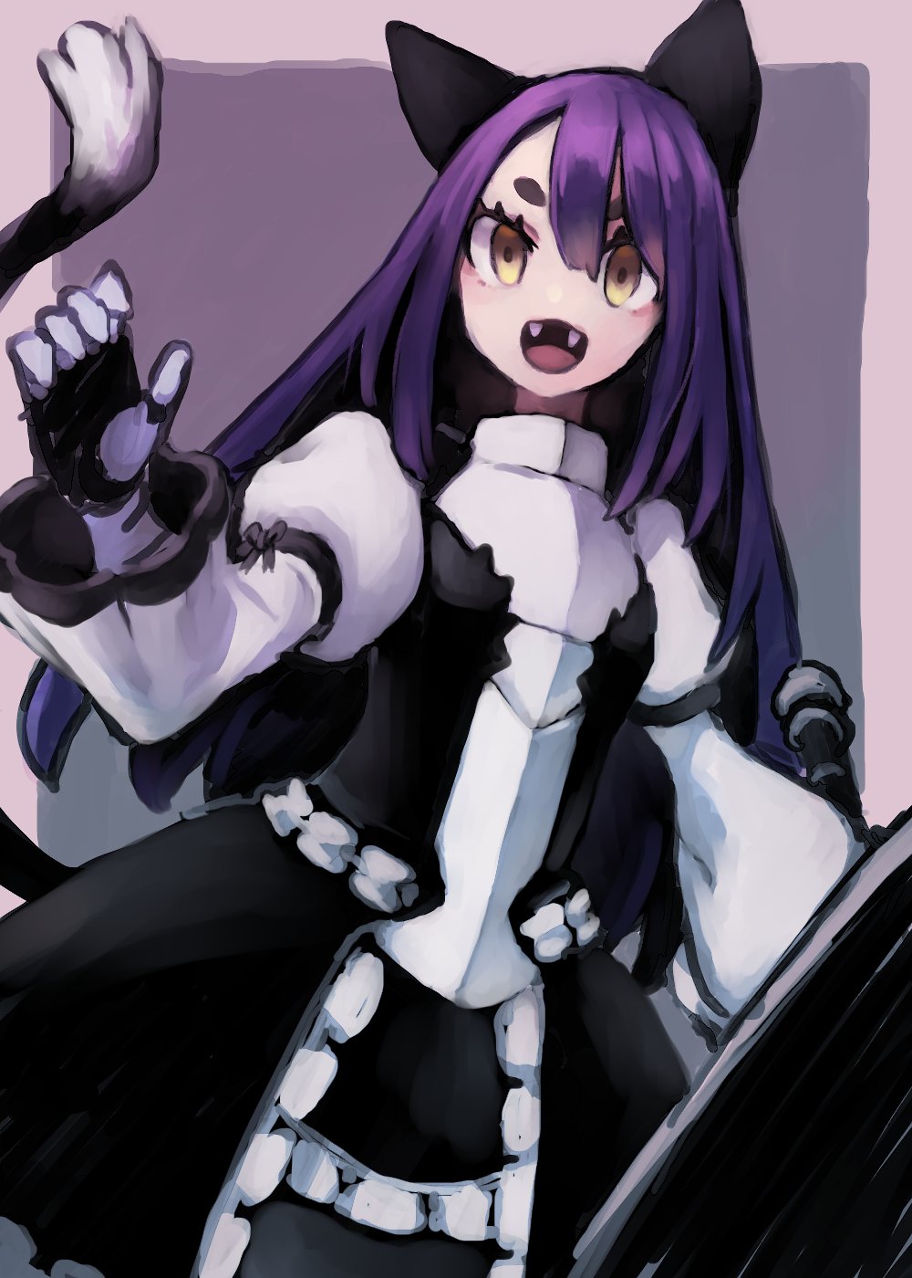 1girl :d animal_ears armor armored_dress black_dress border breastplate brown_eyes cat_ears cat_tail dress gloves gothic_coppelia grey_border hand_up highres juliet_sleeves long_hair long_sleeves looking_at_viewer okame_nin open_mouth puffy_sleeves purple_hair refrain_no_chika_meikyuu_to_majo_no_ryodan smile solo tail