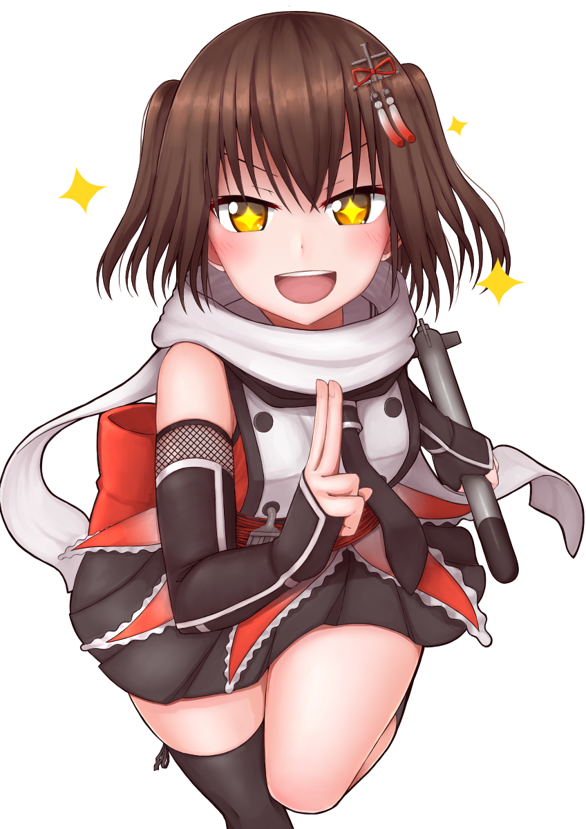 +_+ 1girl black_gloves black_legwear black_neckwear black_skirt brown_eyes brown_hair commentary_request cowboy_shot double-breasted elbow_gloves fingerless_gloves gloves highres kantai_collection looking_at_viewer necktie night_battle_idiot orange_serafuku remodel_(kantai_collection) scarf school_uniform sendai_(kantai_collection) serafuku simple_background single_thighhigh skirt smile solo thigh-highs tiemu_(man190) two_side_up upper_body white_background white_scarf