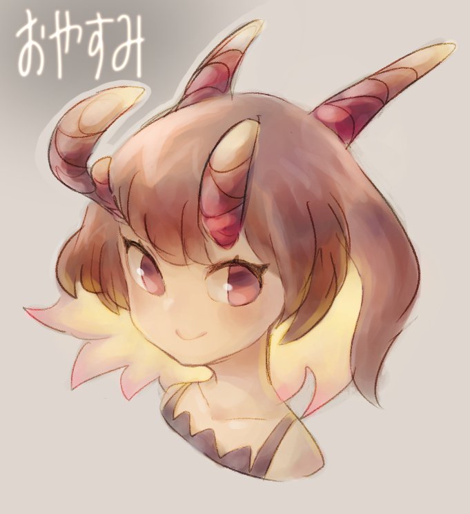 1girl blonde_hair brown_eyes brown_hair closed_mouth colored_inner_hair grey_background grey_outline horns looking_at_viewer multicolored_hair multiple_horns okame_nin original portrait smile solo two-tone_hair