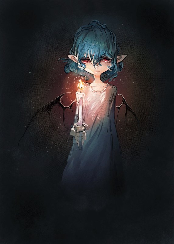 1girl bat_wings blue_hair candle dark_background fire flame holding_candle jitome kazeto looking_at_viewer nightgown pointy_ears red_eyes remilia_scarlet short_hair solo touhou upper_body wings