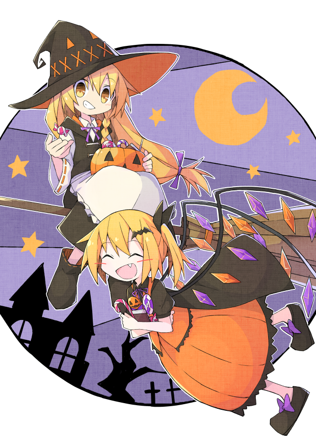 2girls alternate_color apron asameshi bat_hair_ornament black_bow black_dress black_footwear black_headwear blonde_hair blush_stickers bow braid broom broom_riding building commentary crescent_moon cross crystal dress fang flandre_scarlet full_body grin hair_bow hair_ornament halloween hat jack-o'-lantern jack-o'-lantern_print kirisame_marisa long_hair low-tied_long_hair moon multiple_girls neck_ribbon open_mouth orange_dress outstretched_arm purple_background purple_bow purple_neckwear ribbon shirt shoe_bow shoes short_sleeves single_braid smile star_(symbol) tombstone touhou tree waist_apron white_shirt wings witch_hat wrapped_candy yellow_eyes