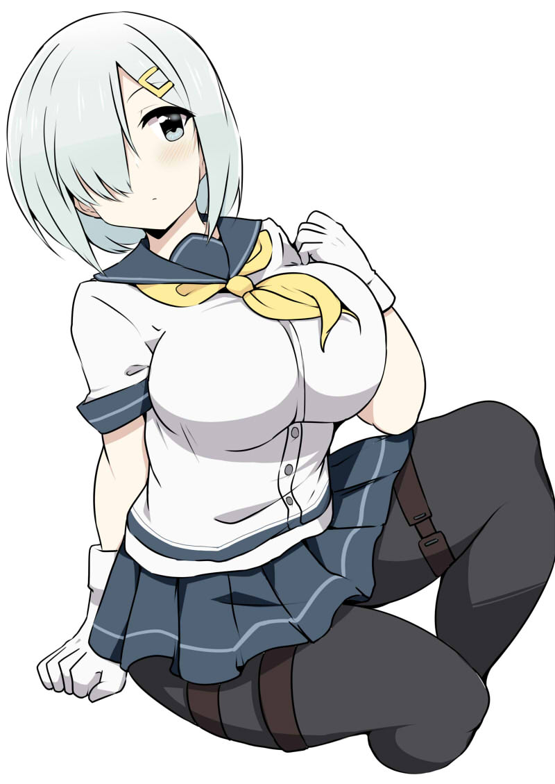 1girl black_legwear blue_eyes breasts commentary_request cowboy_shot cropped_legs gloves hair_ornament hair_over_one_eye hairclip hamakaze_(kantai_collection) invisible_chair kantai_collection large_breasts looking_to_the_side neckerchief pantyhose pleated_skirt school_uniform serafuku short_hair short_sleeves silver_hair simple_background sitting skirt solo wedge white_background white_gloves yellow_neckwear