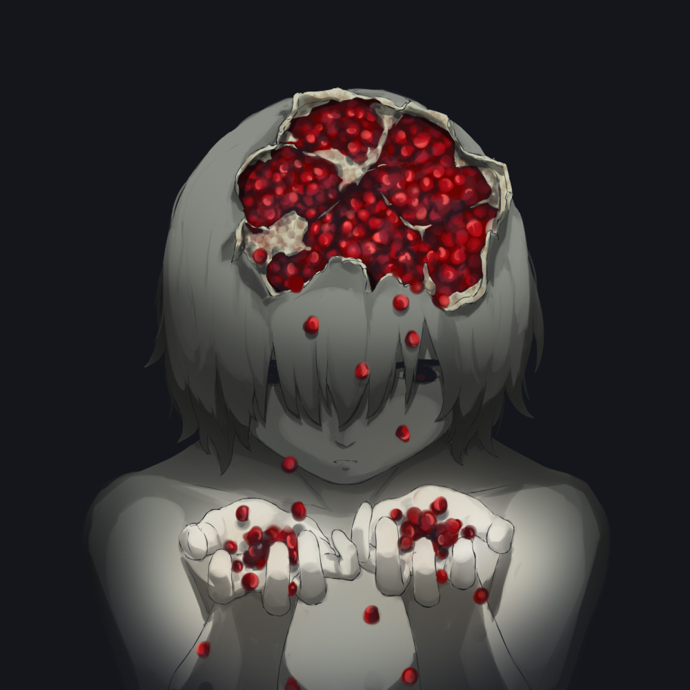 1boy avogado6 black_background closed_mouth food fruit hands_up male_focus monochrome nude original personification pomegranate red_eyes red_theme short_hair simple_background solo