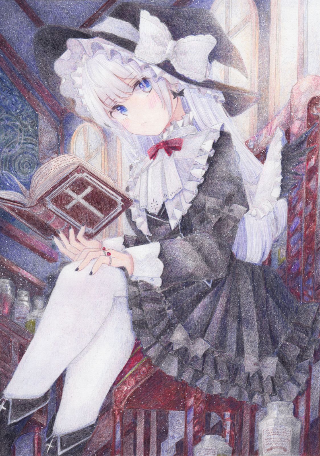 1girl black_dress black_nails black_wings blue_eyes blush book boots closed_mouth colored_pencil_(medium) darkkanan dress earrings eyebrows_visible_through_hair eyes_visible_through_hair feathered_wings frown gothic_lolita graphite_(medium) hat highres indoors jewelry lolita_fashion long_hair long_sleeves looking_at_viewer original pinafore_dress reading ring sidelocks silver_hair sitting solo traditional_media white_hair wings witch witch_hat