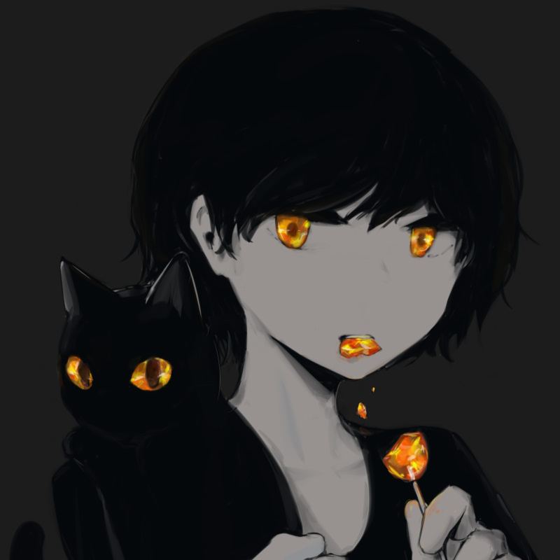 1boy avogado6 black_cat black_hair candy cat eating food grey_background holding lollipop looking_at_viewer male_focus orange_theme original short_hair simple_background solo spot_color upper_body