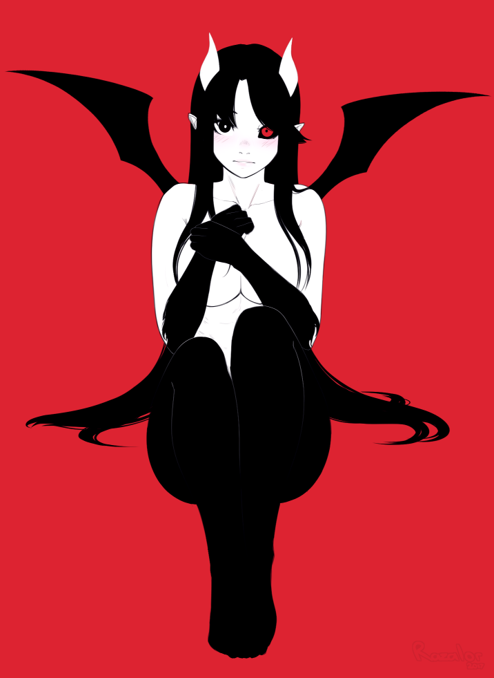 1girl black_sclera blush breasts closed_mouth covering covering_breasts demon_girl demon_wings fur heterochromia horns large_breasts long_hair looking_at_viewer mismatched_sclera monochrome monster_girl nude original own_hands_together pointy_ears razalor red_background red_eyes red_theme simple_background solo very_long_hair wings