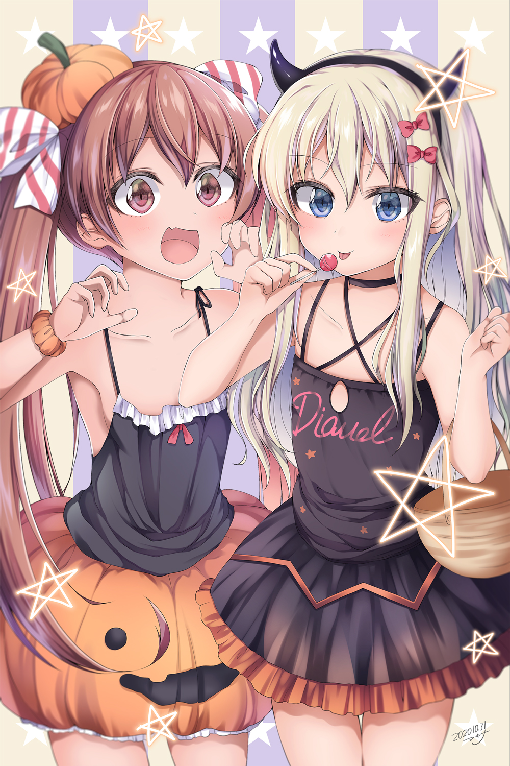 2girls :d artist_name basket black_hairband blonde_hair blue_eyes blush bow brown_eyes brown_hair candy clothes_writing collarbone cowboy_shot dated demon_horns eyebrows_visible_through_hair fang food grecale_(kantai_collection) hair_between_eyes hair_bow hairband halloween halloween_costume highres holding holding_food horns kantai_collection libeccio_(kantai_collection) lollipop long_hair makina00 multiple_girls open_mouth orange_skirt pink_bow signature skin_fang skirt smile star_(symbol) star_print tongue tongue_out twintails