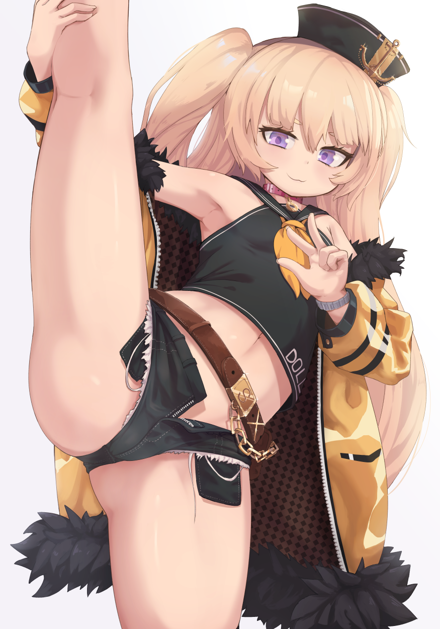 1girl :3 anchor_symbol armpits azur_lane bache_(azur_lane) bangs bare_shoulders belt black_headwear black_sailor_collar black_shirt black_shorts blonde_hair blush breasts brown_belt collar commentary cutoffs dollar_bill exposed_pocket eyebrows_behind_hair flexible hair_between_eyes hat highres jacket kneepits leg_grab leg_lift long_hair looking_at_viewer micro_shorts midriff moss_(user_srre5225) navel off-shoulder_jacket pink_collar sailor_collar sailor_hat shirt shorts sidelocks simple_background sleeveless sleeveless_shirt small_breasts smile solo split standing standing_on_one_leg standing_split twintails v violet_eyes white_background yellow_jacket