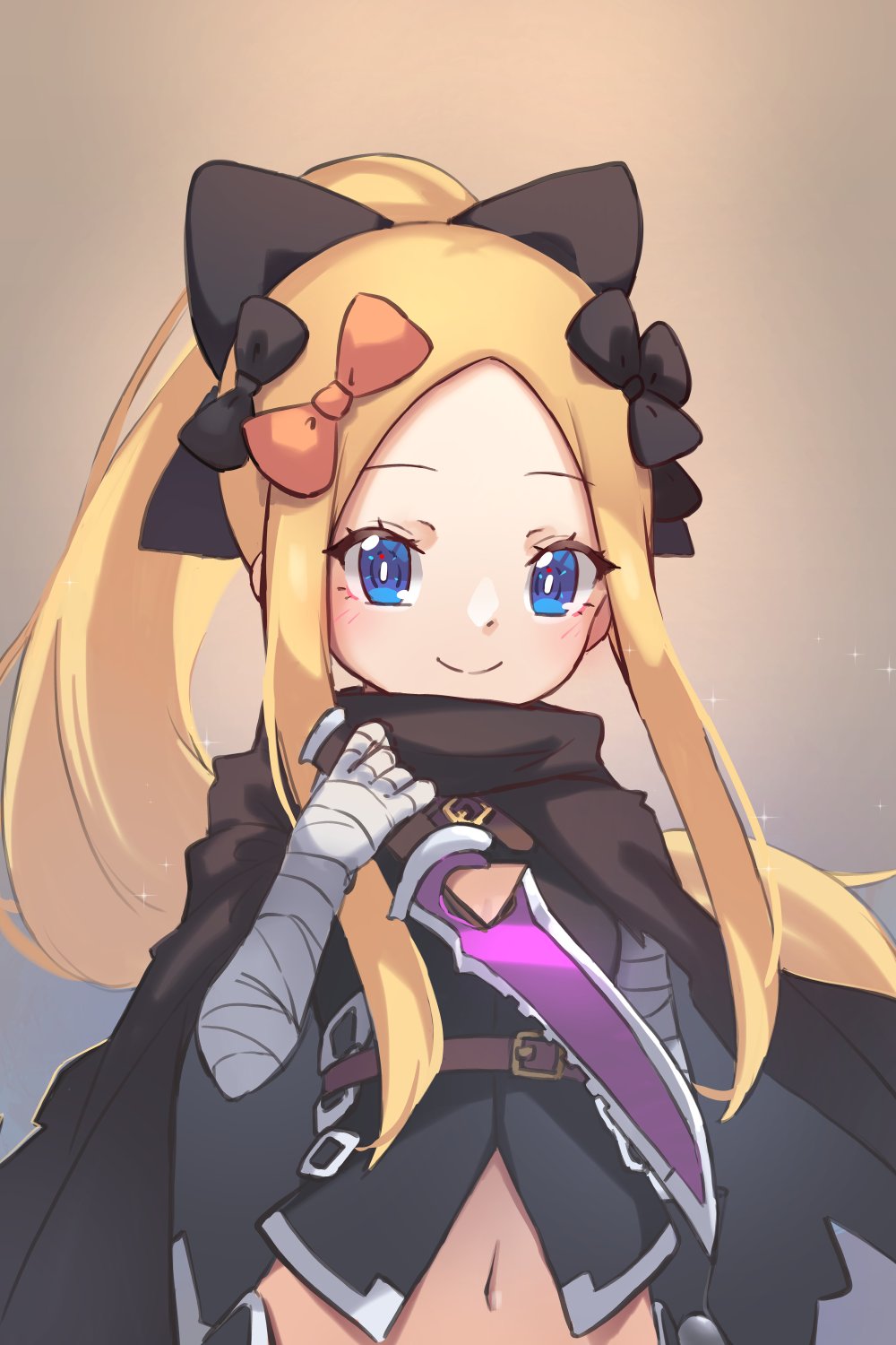 1girl abigail_williams_(fate/grand_order) bangs black_bow blonde_hair blue_eyes blush bow breasts closed_mouth cosplay dagger fate/apocrypha fate/grand_order fate_(series) forehead highres holding holding_dagger holding_weapon jack_the_ripper_(fate/apocrypha) jack_the_ripper_(fate/apocrypha)_(cosplay) long_hair looking_at_viewer miya_(miyaruta) multiple_bows orange_bow parted_bangs ponytail sidelocks small_breasts smile weapon