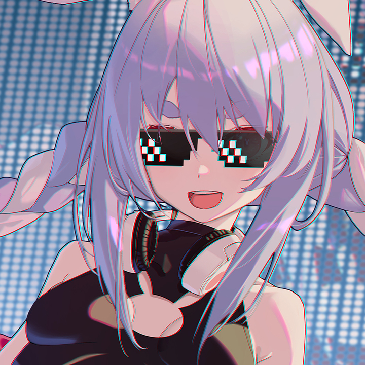 1girl :d animal_ears bangs bare_shoulders blue_hair braid breasts bunny_cutout crop_top deal_with_it eyebrows_visible_through_hair hair_between_eyes headphones headphones_around_neck hololive long_hair looking_at_viewer multicolored_hair open_mouth rabbit_ears shirt sleeveless sleeveless_shirt smile solo stage sunglasses thick_eyebrows twin_braids two-tone_hair usada_pekora virtual_youtuber white_hair whitem_(whiteemperor2020)