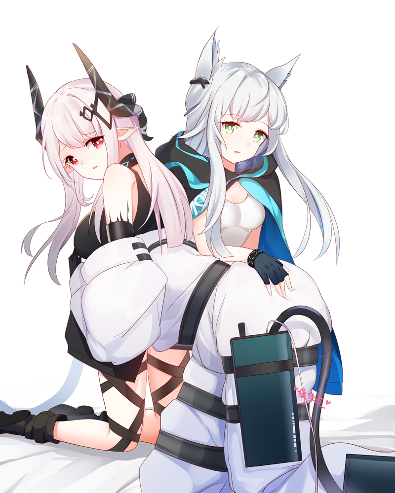 2girls animal_ears arknights bangs bare_shoulders black_footwear black_ribbon breasts cat_ears commentary_request eyebrows_visible_through_hair green_eyes horns kneeling lanelise leg_ribbon long_hair looking_at_viewer mudrock_(arknights) multiple_girls oripathy_lesion_(arknights) parted_lips pointy_ears ribbon rosmontis_(arknights) shoes sidelocks silver_hair simple_background small_breasts white_background