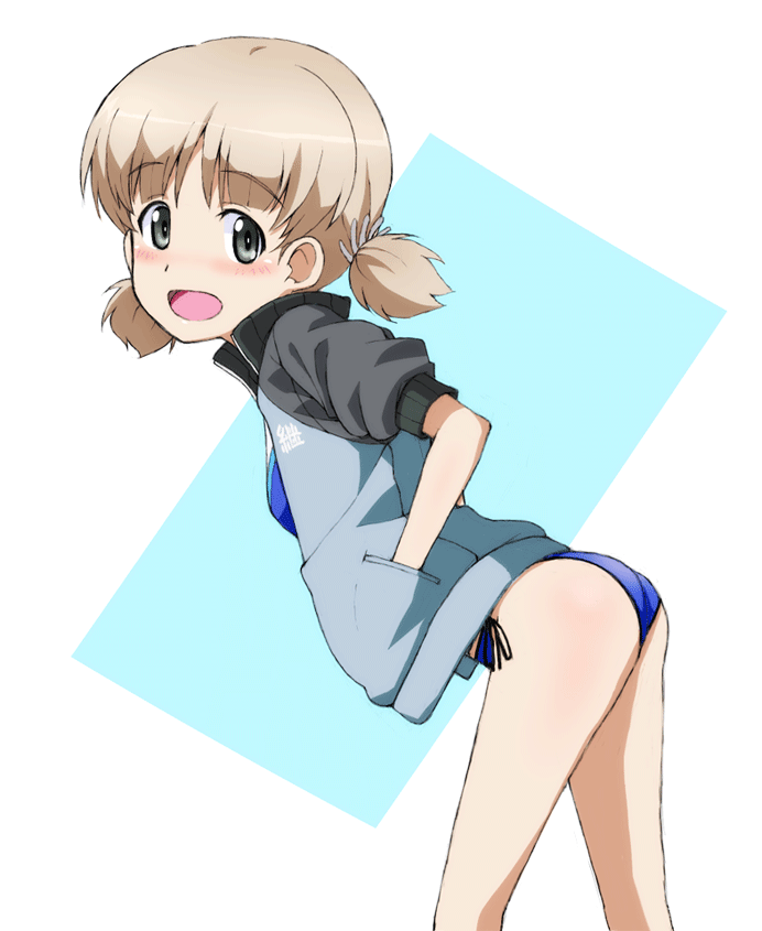 1girl aki_(girls_und_panzer) ass bangs bikini blue_bikini blue_jacket blush breasts commentary eyebrows_visible_through_hair from_side girls_und_panzer green_eyes hair_tie hands_in_pockets jacket kayabakoro keizoku_military_uniform leaning_forward light_brown_hair looking_at_viewer low_twintails open_clothes open_jacket open_mouth short_hair short_twintails side-tie_bikini small_breasts smile solo swimsuit twintails