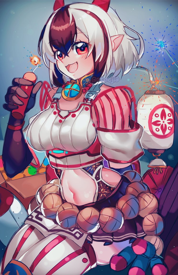 1girl belly crossette_(xenoblade) fire fireworks horns multicolored_hair navel open_mouth pointy_ears red_eyes sitting skindentation smile thigh-highs watermark xenoblade_chronicles_(series) xenoblade_chronicles_2 yagi_(kyuhyun)