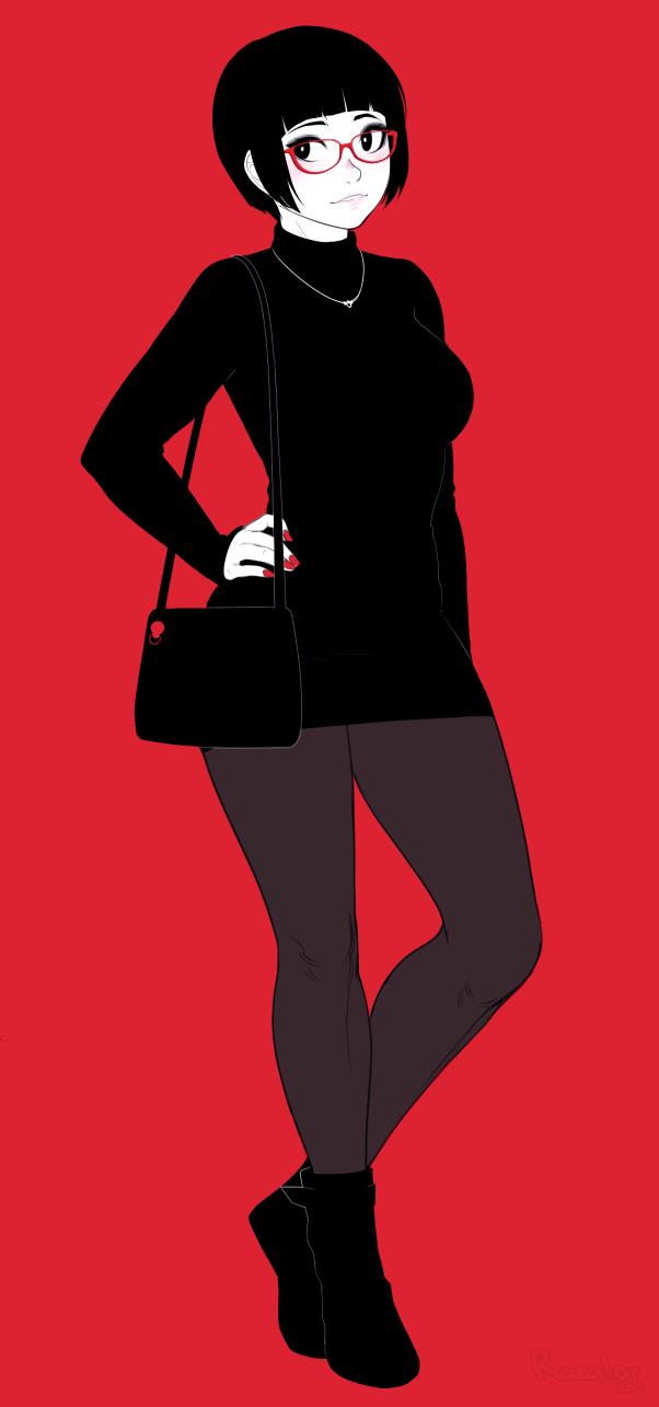 1girl ankle_boots bag boots breasts closed_mouth contrapposto earrings fingernails full_body glasses hand_on_hip highres jewelry large_breasts long_sleeves looking_at_viewer monochrome nail_polish original pantyhose razalor red-framed_eyewear red_background red_nails red_theme shoulder_bag simple_background smile solo sweater