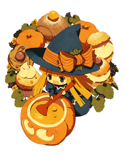 1girl bangs blonde_hair blue_dress blue_eyes blue_headwear blunt_bangs blush_stickers bow cauldron chibi cupcake dress food hat hat_bow holding holding_spoon jack-o'-lantern juliet_sleeves kokuzu long_hair long_sleeves lowres open_mouth orange_bow puffy_sleeves pumpkin puyopuyo smile solo spoon stirring transparent_background witch witch_(puyopuyo) witch_hat