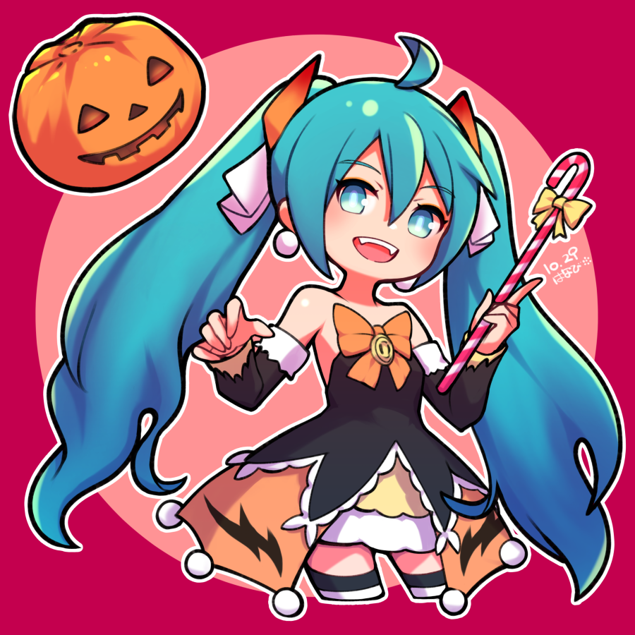 1girl :d ahoge artist_name bare_shoulders black_legwear blue_eyes blue_hair blush bow breasts bright_pupils candy candy_cane commentary cropped_legs dated dated_commentary detached_sleeves disconnected_mouth dress earrings english_commentary eyebrows_visible_through_hair fangs food hair_between_eyes hair_ribbon halloween hatsune_miku holding holding_candy_cane jack-o'-lantern jewelry long_hair looking_at_viewer multicolored multicolored_clothes multicolored_legwear nendoroid official_alternate_costume open_mouth orange_bow outline pink_background pumpkin ribbon signature small_breasts smile solo striped striped_legwear thigh-highs twintails umenodo very_long_hair vocaloid white_legwear white_outline zettai_ryouiki