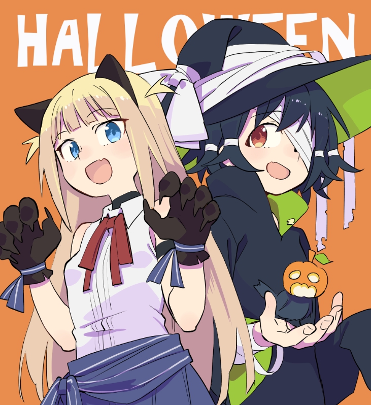 2girls :d aki_poi animal_ears bandage_over_one_eye bandaged_arm bandages bare_shoulders black_gloves black_hair black_headwear black_robe blonde_hair blue_eyes blue_skirt breasts brown_background cat_ears claw_pose collared_shirt commentary_request fang gloves halloween hands_up hat long_hair long_sleeves multiple_girls open_mouth original paw_gloves paws pleated_skirt red_eyes robe shirt simple_background skirt sleeveless sleeveless_shirt small_breasts smile very_long_hair white_shirt wide_sleeves witch_hat
