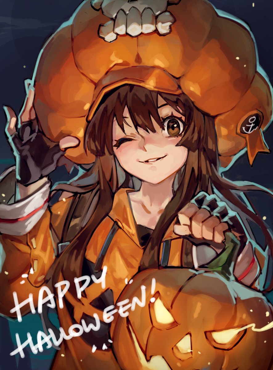 1girl anchor_symbol bangs black_gloves brown_eyes brown_hair cabbie_hat fingerless_gloves gloves guilty_gear guilty_gear_strive hair_between_eyes halloween hat highres jacket long_hair looking_at_viewer may_(guilty_gear) night night_sky one_eye_closed orange_jacket pumpkin pumpkin_hat skull_and_crossbones sky smile solo star_(sky) uncle_rabbit_ii