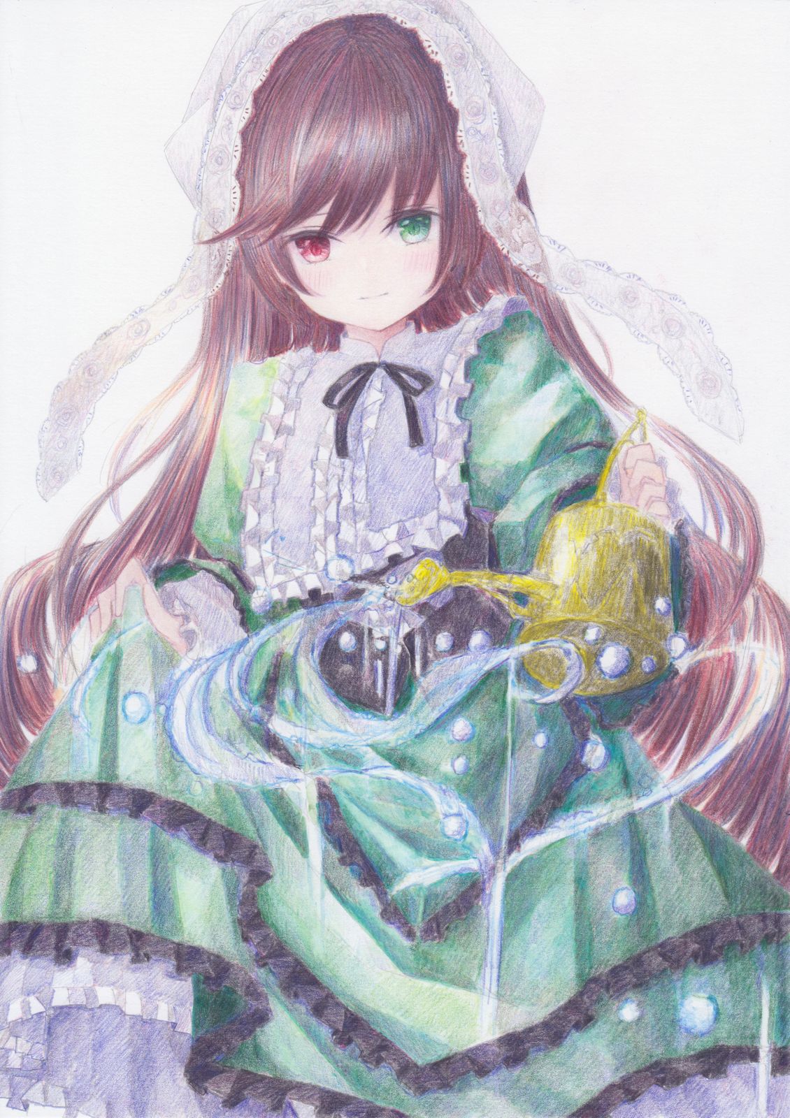 1girl blush brown_hair darkkanan dress dress_lift eyebrows_visible_through_hair eyes_visible_through_hair frilled_dress frills frown green_dress green_eyes headdress heterochromia highres lolita_fashion long_hair looking_at_viewer red_eyes rozen_maiden sidelocks solo standing watering_can