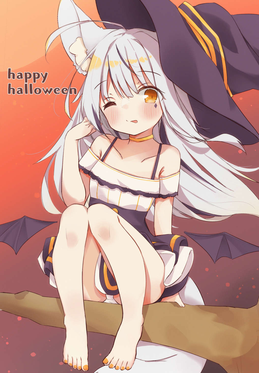 1girl ;p animal_ear_fluff animal_ears arm_support bangs bare_shoulders barefoot bat_wings black_headwear black_skirt black_wings blush brown_eyes closed_mouth commentary_request detached_wings eyebrows_visible_through_hair facial_mark floating_hair full_body hair_between_eyes hand_up happy_halloween hat highres knees_up long_hair low_wings minato_yu_(0514) off-shoulder_shirt off_shoulder one_eye_closed orange_nails original panties pleated_skirt shirt silver_hair sitting skirt smile solo tail tilted_headwear toenails tongue tongue_out tree_branch underwear very_long_hair white_panties white_shirt wings witch_hat