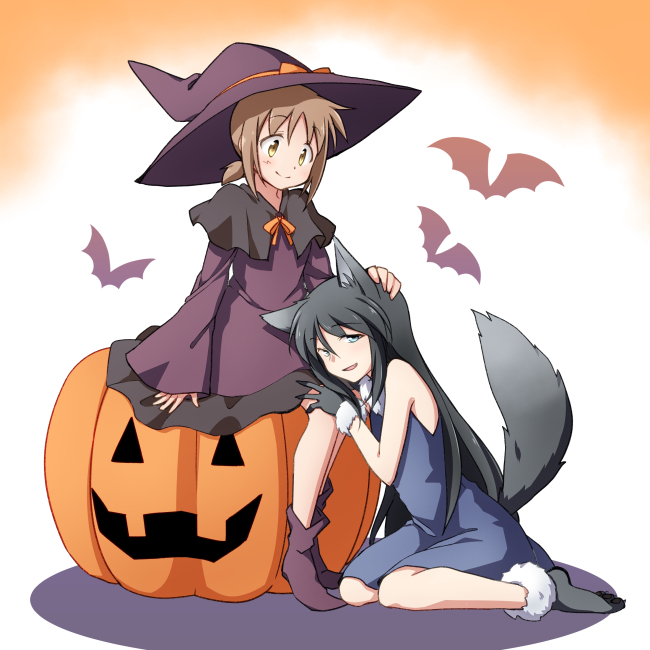 2girls animal_ears bat black_capelet black_gloves black_hair blue_dress blue_eyes blush boots brown_hair capelet closed_mouth dairi dress eyebrows_visible_through_hair fang full_body fur-trimmed_footwear fur-trimmed_gloves fur_trim gloves halloween hand_on_another's_head hat hat_ribbon jack-o'-lantern lap_pillow long_sleeves multiple_girls neck_ribbon orange_ribbon original paw_shoes pointy_footwear pumpkin purple_dress purple_footwear purple_headwear ribbon shoes short_hair short_ponytail sitting sleeveless sleeveless_dress smile tail wide_sleeves witch witch_hat wolf_ears wolf_tail yellow_eyes yokozuwari yuri