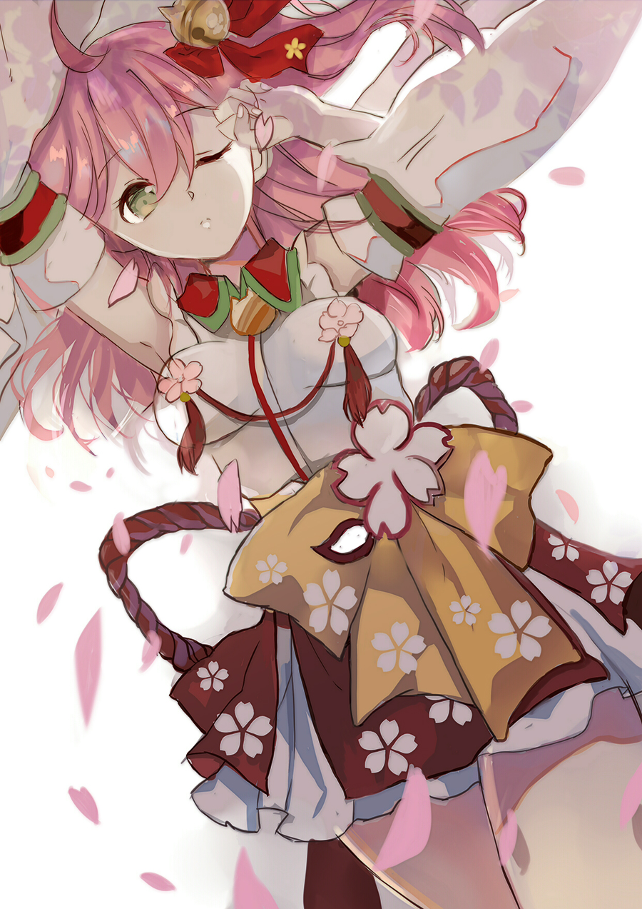 1girl ahoge arms_up bell cherry_blossom_print eyebrows_visible_through_hair floral_print green_eyes hair_bell hair_between_eyes hair_ornament highres hololive long_hair looking_at_viewer lunacats nib_pen_(medium) one_eye_closed petals pink_hair sakura_miko solo traditional_media virtual_youtuber white_background