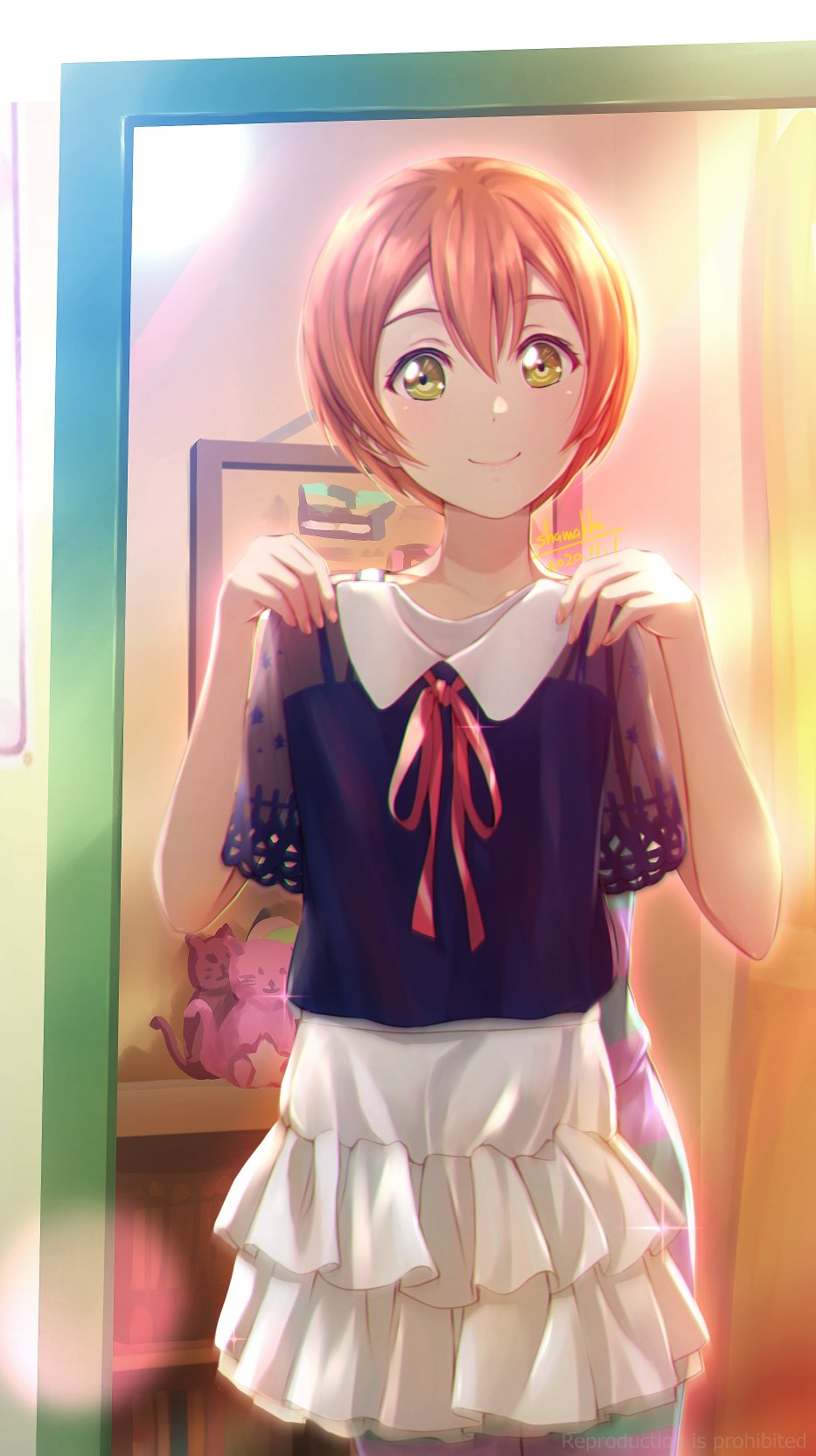 1girl blue_shirt commentary_request green_eyes highres holding holding_clothes hoshizora_rin love_live! love_live!_school_idol_project mirror orange_hair shamakho shirt short_hair short_sleeves skirt smile solo white_skirt