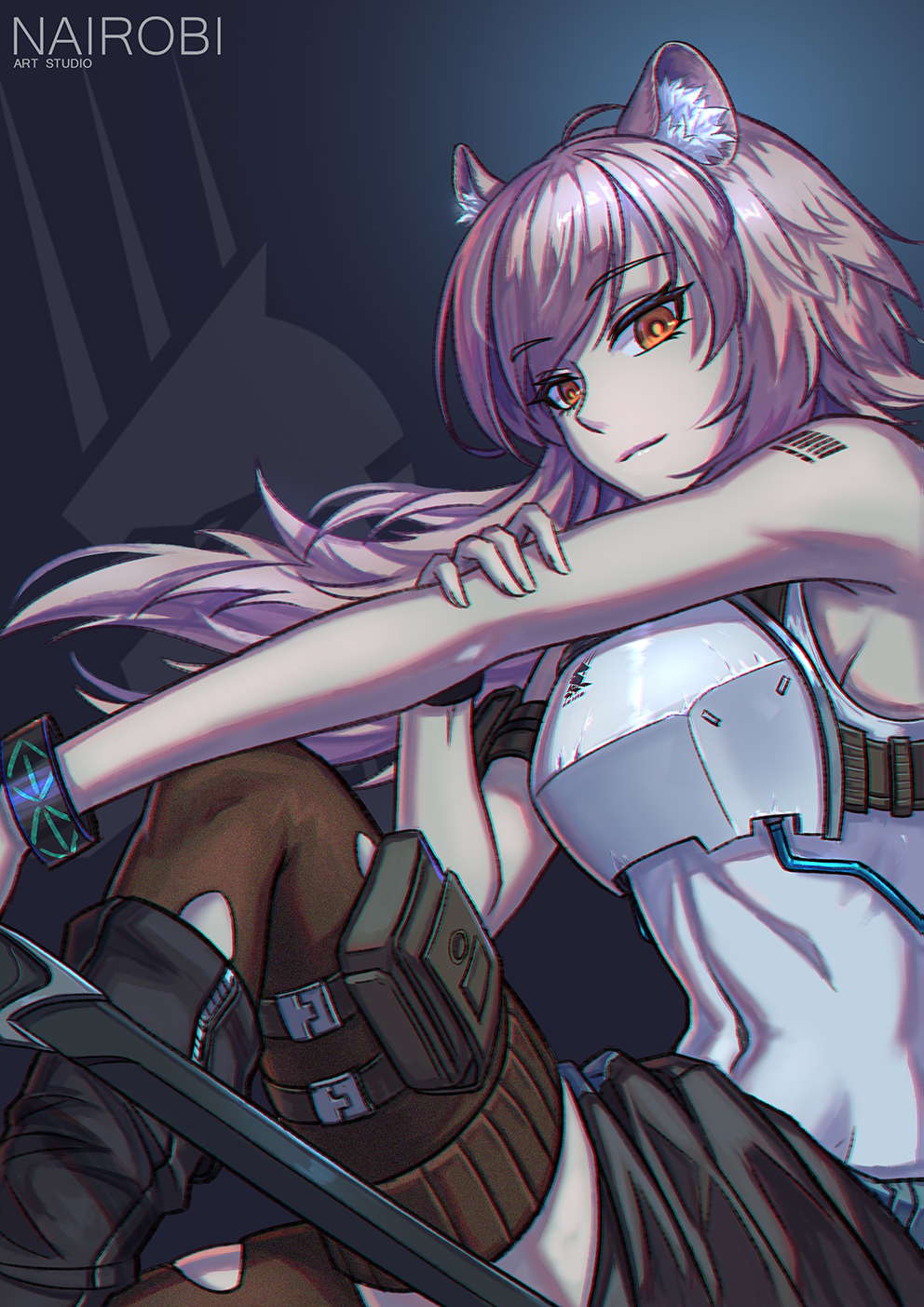 1girl animal_ear_fluff animal_ears arknights armor bangs barcode_tattoo bare_arms bare_shoulders black_footwear boots breastplate brown_legwear commentary covered_navel eyebrows_visible_through_hair gravel_(arknights) grey_background highres kingdom_of_kazimierz_logo long_hair looking_at_viewer nairobi_song navel orange_eyes pink_hair pouch shoulder_tattoo simple_background solo stomach tattoo
