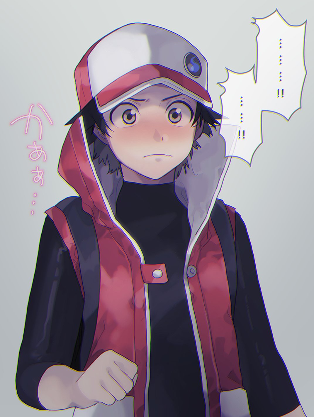 1boy badge baseball_cap black_hair black_shirt blush clenched_hand closed_mouth commentary_request grey_eyes hat highres male_focus oshi_taberu pokemon pokemon_(game) pokemon_masters_ex popped_collar red_(pokemon) shirt sleeveless_coat sleeves_past_elbows solo translation_request upper_body