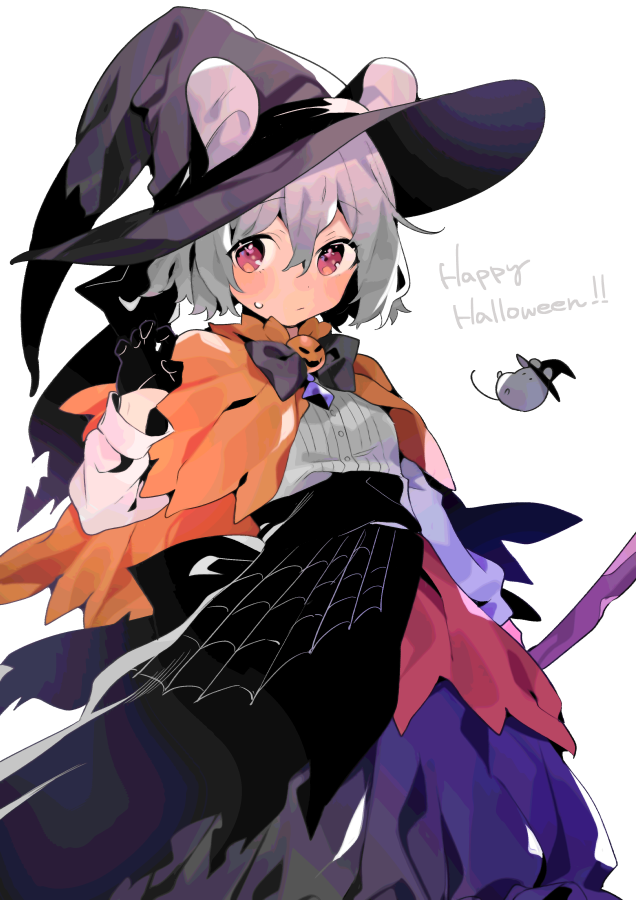 1girl akagashi_hagane animal_ears black_gloves black_headwear black_neckwear black_skirt bow bowtie capelet commentary ears_through_headwear english_text gloves grey_hair half_gloves halloween halloween_costume hand_up happy_halloween hat jack-o'-lantern jewelry long_sleeves looking_at_viewer mouse mouse_ears nazrin orange_capelet pendant red_eyes shirt short_hair simple_background skirt solo spider_web_print touhou upper_body white_background white_shirt witch_hat