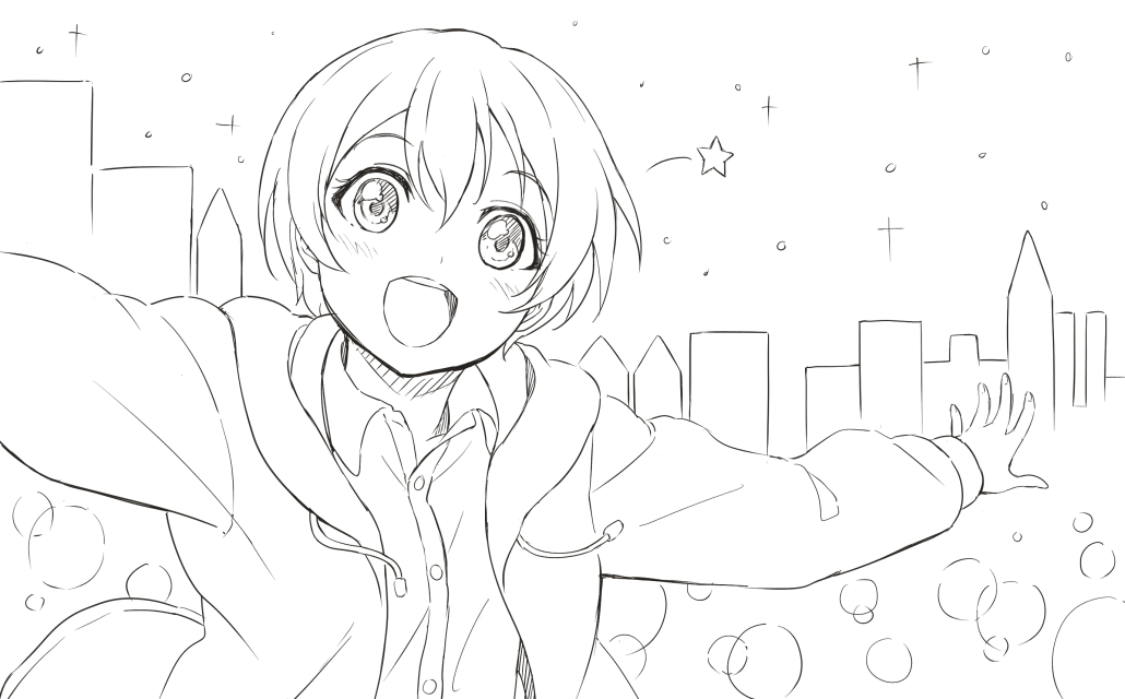 1girl arms_up bangs blush bubble commentary_request drawstring eyebrows_visible_through_hair flat_chest greyscale happy hood hoodie hoshizora_rin jacket lineart long_sleeves looking_at_viewer love_live! love_live!_school_idol_project monochrome open_clothes open_jacket open_mouth outdoors outstretched_arms shibasaki_shouji shirt short_hair sketch smile solo spread_arms star_(sky) star_(symbol) teeth upper_body