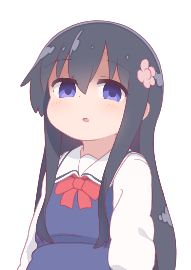 1girl bangs black_hair blue_dress blue_eyes blush bow child commentary dress empty_eyes eyebrows_visible_through_hair flower hair_between_eyes hair_flower hair_ornament hatafuta long_hair long_sleeves looking_at_viewer open_mouth pink_flower red_bow sailor_collar sailor_dress school_uniform shirosaki_hana simple_background solo symbol_commentary upper_body very_long_hair watashi_ni_tenshi_ga_maiorita! white_background white_sailor_collar