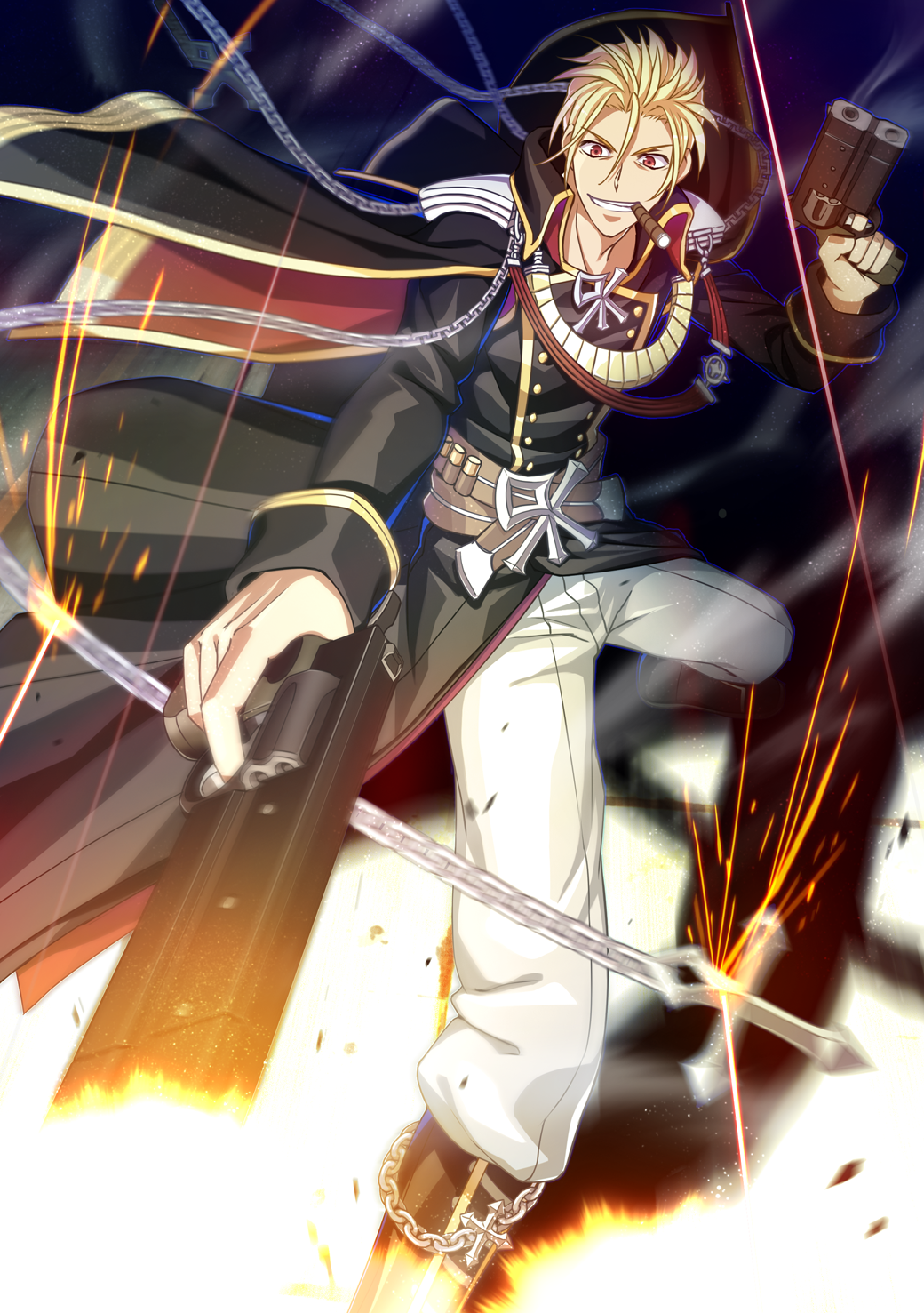 1boy ammunition_belt armor bangs belt black_cape black_coat black_footwear blonde_hair boots buttons cape chain cigar clenched_teeth coat commentary_request cross dual_wielding explosion eyebrows_visible_through_hair finger_on_trigger firing full_body gun hair_between_eyes handgun high_collar highres holding ike_masato leg_up motion_blur pants pauldrons ragnarok_online rebellion_(ragnarok_online) red_cape red_eyes revolver shiny shiny_hair short_hair shoulder_armor smile solo sparks spiky_hair teeth two-sided_cape two-sided_fabric weapon white_pants