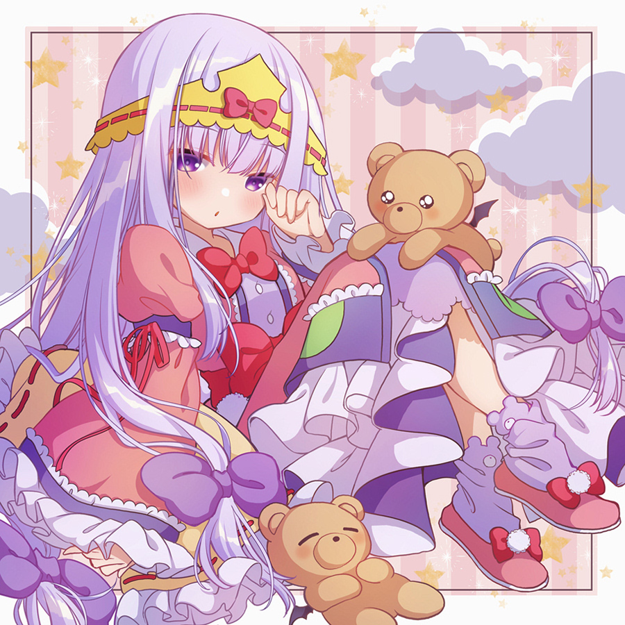 1girl aurora_sya_lis_kaymin bangs blunt_bangs bow clouds dress frills hair_bow hand_up kawanobe long_hair long_sleeves looking_at_viewer maou-jou_de_oyasumi pillow pink_footwear purple_bow purple_hair purple_legwear red_bow ribbon sitting sleeping stuffed_animal stuffed_toy teddy_demon very_long_hair violet_eyes wide_sleeves