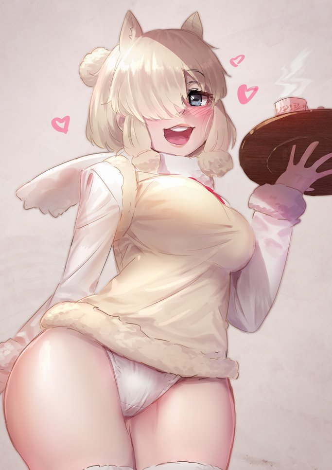 1girl :d alpaca_ears alpaca_suri_(kemono_friends) animal_ears blonde_hair blue_eyes blush breasts commentary_request cowboy_shot cup extra_ears eyebrows_visible_through_hair fur-trimmed_sleeves fur-trimmed_vest fur_trim hair_bun hair_over_one_eye heart holding holding_tray horizontal_pupils kemono_friends large_breasts long_sleeves looking_at_viewer no_pants open_mouth panties round_teeth shirt short_hair simple_background smile solo steam takami_masahiro teacup teeth tray underwear vest white_panties white_shirt yellow_vest