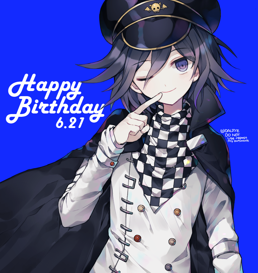 1boy ;) bangs black_cape black_hair black_headwear blue_background cape checkered checkered_scarf commentary_request dalrye_v3 dangan_ronpa dated finger_to_mouth hair_between_eyes happy_birthday hat head_tilt jacket long_sleeves looking_at_viewer male_focus new_dangan_ronpa_v3 one_eye_closed ouma_kokichi peaked_cap purple_hair repost_notice scarf short_hair simple_background smile solo straitjacket twitter_username upper_body violet_eyes white_jacket