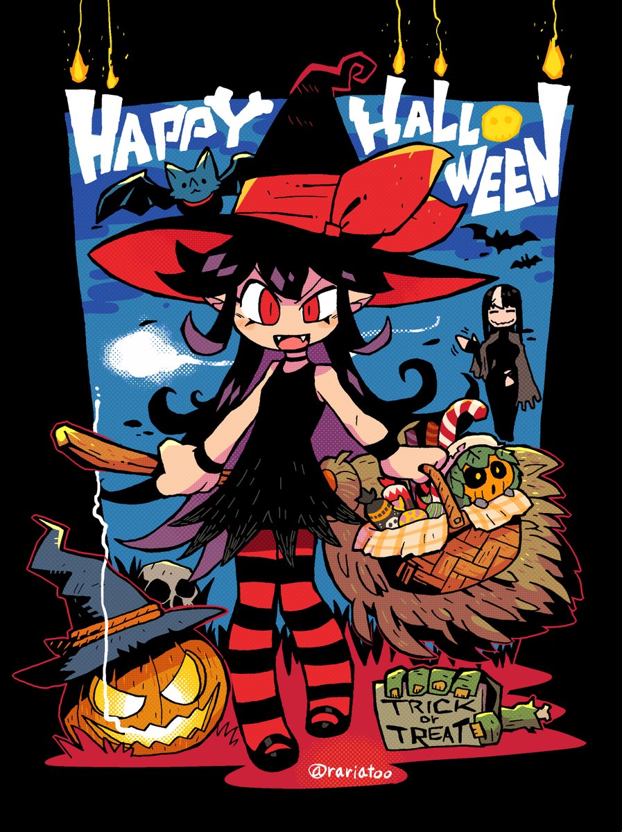 3girls :d bare_shoulders basket bat black_choker black_dress black_hair black_headwear bow broom candle candy candy_cane choker dress english_text fangs food full_moon halloween happy_halloween hat hat_bow highres holding holding_basket holding_broom jack-o'-lantern jack-o'-lantern_(rariatto) looking_at_viewer monster_girl moon multicolored_hair multiple_girls noss_(rariatto) open_mouth original pigeon-toed plant_girl pointy_ears pumpkin rariatto_(ganguri) red_eyes red_legwear skull skull_in_moon smile solo_focus standing streaked_hair striped striped_legwear trick_or_treat vampire_bat witch witch_hat wristband zakuro_(rariatto)