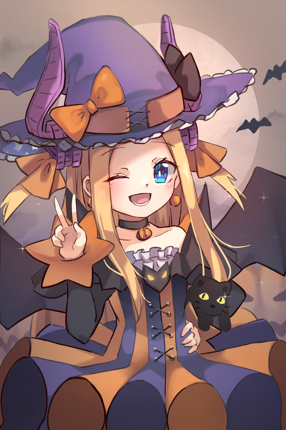 1girl ;d abigail_williams_(fate/grand_order) bangs black_bow black_cat blonde_hair blue_eyes blush bow breasts cat choker cosplay dress elizabeth_bathory_(fate)_(all) elizabeth_bathory_(halloween_caster)_(fate) elizabeth_bathory_(halloween_caster)_(fate)_(cosplay) fate/grand_order fate_(series) forehead halloween_costume hat highres horns long_hair looking_at_viewer miya_(miyaruta) one_eye_closed open_mouth orange_bow parted_bangs sidelocks small_breasts smile solo two_side_up v witch_hat