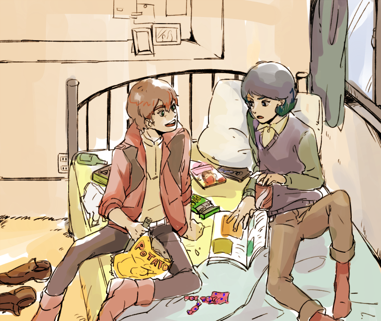 2boys bag_of_chips bed blue_eyes blue_hair boots brown_hair can candy curtains food green_eyes gundam gundam_zz holding holding_magazine indoors jacket judau_ashta kamille_bidan magazine multiple_boys on_bed pillow short_hair sitting sitting_on_bed smile soda_can ume-bayashi zeta_gundam