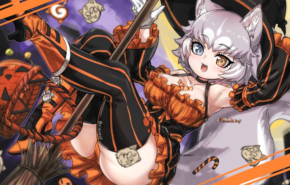 1girl :3 :d alternate_costume animal_ear_fluff animal_ears armpits bare_shoulders basket black_legwear blue_eyes boots broom candy candy_cane collarbone commentary detached_sleeves dog_(mixed_breed)_(kemono_friends) dog_ears dog_girl dog_tail eyebrows_visible_through_hair fang food gloves grey_hair halloween halloween_basket halloween_costume hand_on_headwear hand_up hat heterochromia high_heel_boots high_heels japari_symbol kemono_friends looking_at_viewer multicolored_hair nyifu open_mouth orange_footwear orange_panties panties short_hair smile solo striped striped_legwear tail thigh-highs twitter_username two-tone_hair underwear vertical-striped_legwear vertical_stripes white_gloves white_hair witch_hat yellow_eyes