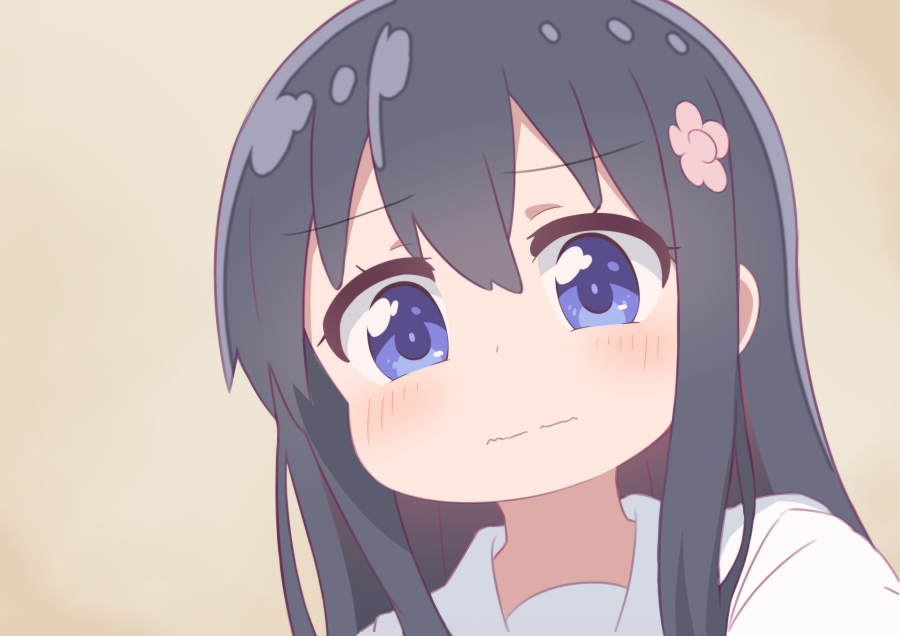 1girl bangs blue_eyes blush brown_background child closed_mouth commentary_request disconnected_mouth eyebrows_visible_through_hair flower furrowed_eyebrows hair_between_eyes hair_flower hair_ornament hatafuta long_hair looking_at_viewer pink_flower portrait shirosaki_hana simple_background solo watashi_ni_tenshi_ga_maiorita! wavy_mouth