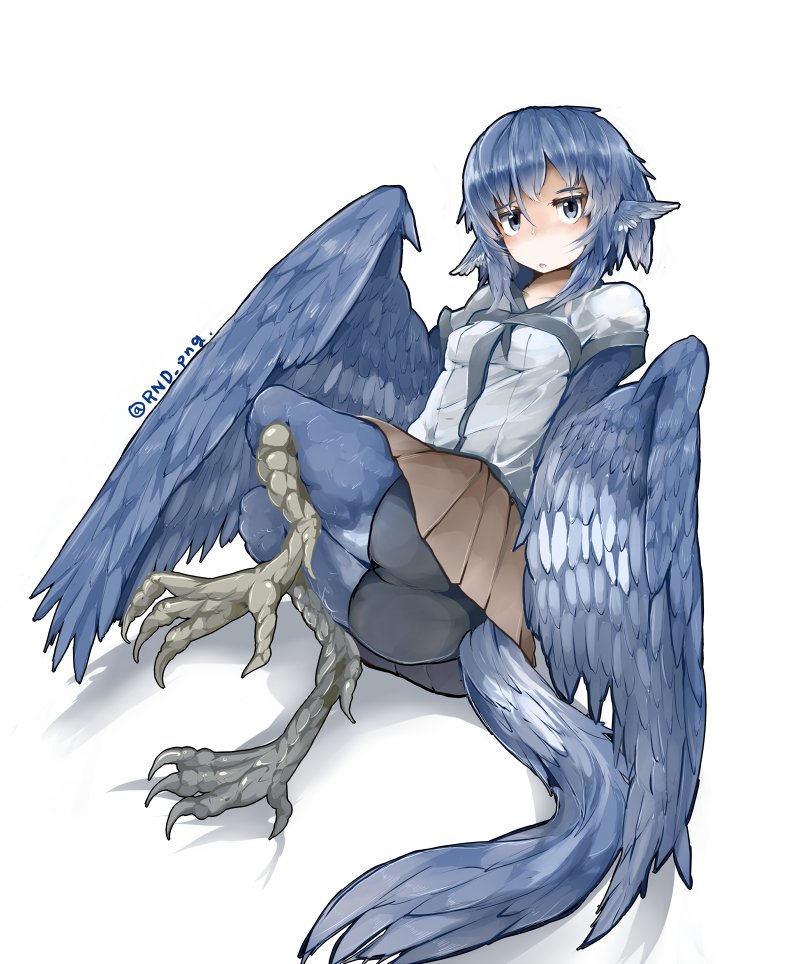 1girl animal_ears bike_shorts bird_ears bird_legs bird_tail bird_wings blue_feathers blue_hair blue_wings eyebrows_visible_through_hair feathered_wings feathers grey_eyes harpy head_feathers miura_(rnd.jpg) monster_girl open_mouth original rnd.jpg skirt solo talons twitter_username winged_arms wings