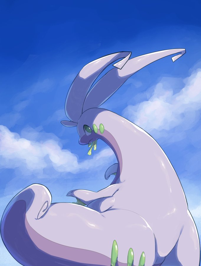 closed_mouth clouds commentary_request day from_below gen_6_pokemon goodra green_eyes looking_back makoto_ikemu no_humans outdoors pokemon pokemon_(creature) shiny shiny_skin sky slime solo