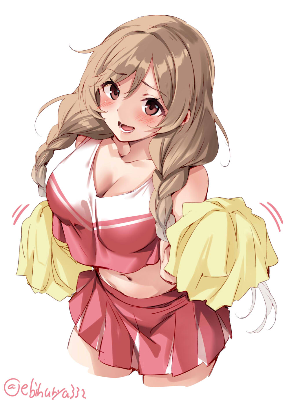 1girl braid breasts brown_eyes cheerleader cowboy_shot crop_top crop_top_overhang ebifurya highres holding holding_pom_poms kantai_collection large_breasts light_brown_hair long_hair midriff minegumo_(kantai_collection) miniskirt navel open_mouth pleated_skirt pom_poms skirt sleeveless twin_braids twitter_username white_background