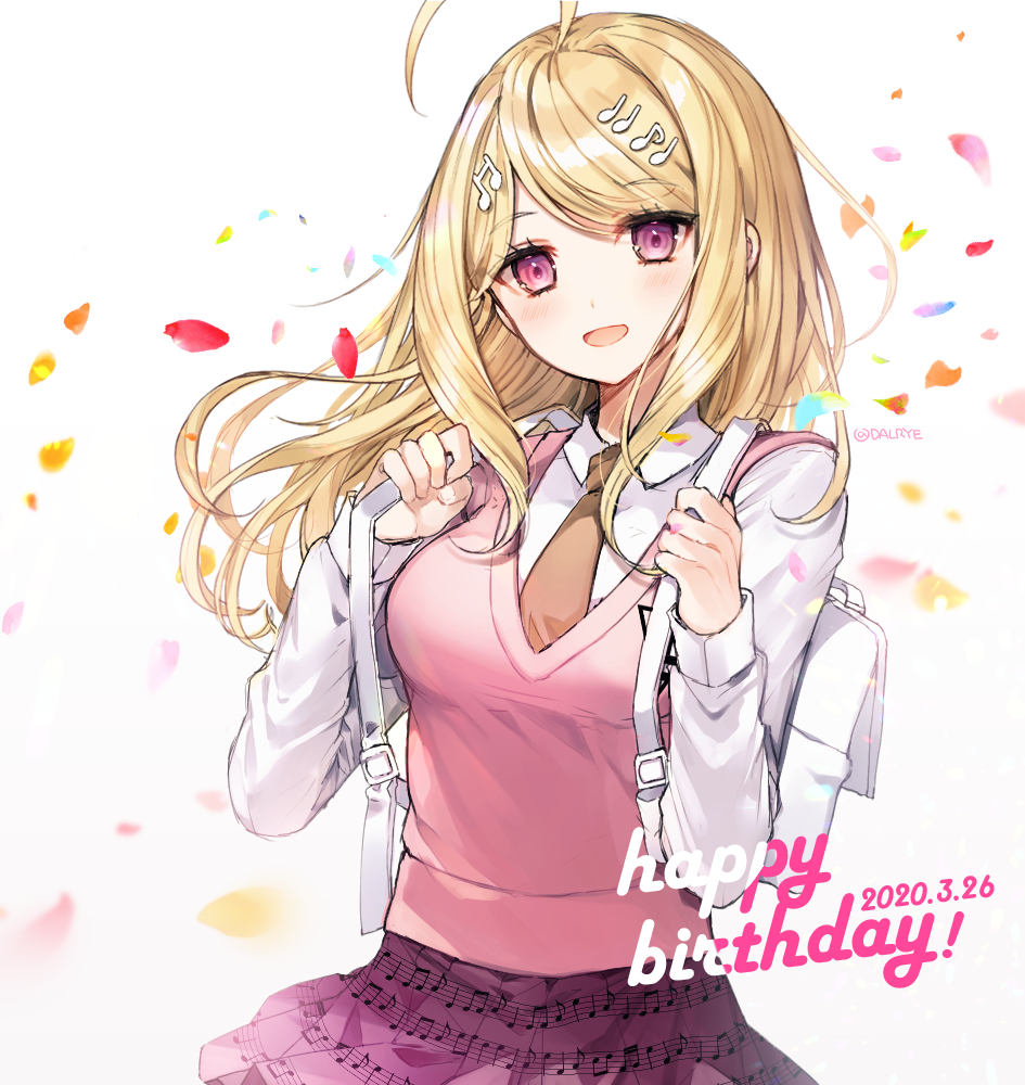 1girl ahoge akamatsu_kaede artist_name backpack bag bangs beamed_eighth_notes black_hair blonde_hair blush breasts commentary_request dalrye_v3 dangan_ronpa dated eighth_note eyebrows_visible_through_hair hair_ornament hands_up happy_birthday holding_strap long_hair long_sleeves looking_at_viewer medium_breasts musical_note musical_note_hair_ornament necktie new_dangan_ronpa_v3 open_mouth orange_neckwear petals pleated_skirt print_skirt purple_skirt school_uniform shirt skirt smile solo sweater_vest violet_eyes white_shirt