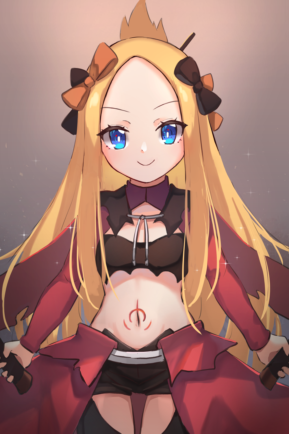 1girl abigail_williams_(fate/grand_order) bangs blonde_hair blue_eyes blush bow breasts chloe_von_einzbern chloe_von_einzbern_(cosplay) closed_mouth cosplay dual_wielding fate/grand_order fate/kaleid_liner_prisma_illya fate_(series) forehead hair_bow half_updo highres holding long_hair long_sleeves looking_at_viewer miya_(miyaruta) multiple_bows multiple_hair_bows navel orange_bow parted_bangs small_breasts smile stomach_tattoo sword tattoo thighs weapon